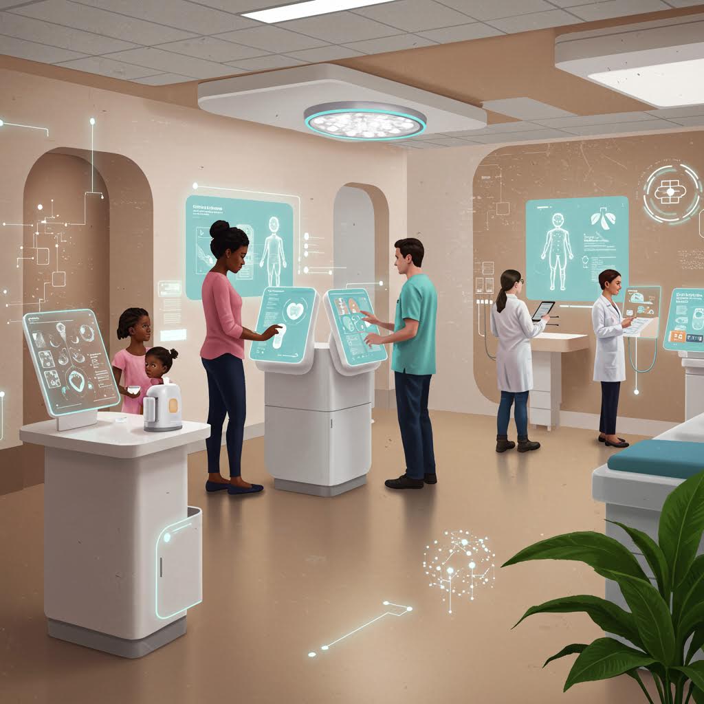 디지털 패널 앞에서 의료진과 환자가 함께 데이터를 확인하며 스마트 진료가 이뤄지는 장면