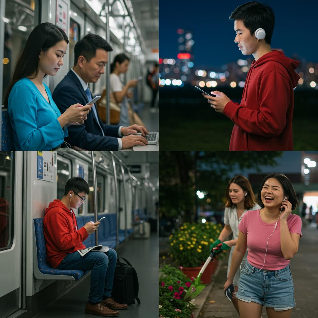 지하철과 거리, 밤의 공원 속 각기 다른 이들의 화면에 온카스터디의 연결감이 번져가는 흐름