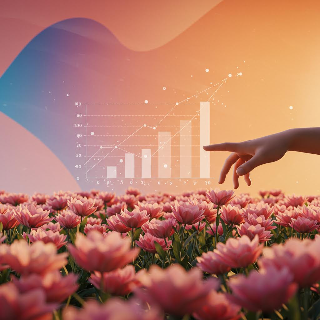 분홍색 꽃밭 위로 뻗은 손이 증가하는 막대 그래프와 데이터 포인트를 가리키는 성장 및 데이터 분석 개념 이미지