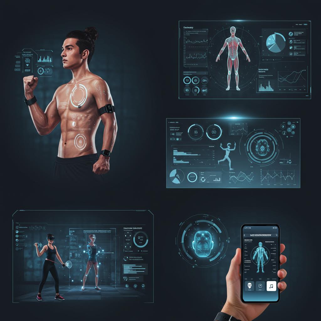 신체 센서를 착용한 운동선수와 해부학적 데이터, 성능 지표, 모바일 건강 모니터링 앱을 표시하는 디지털 대시보드