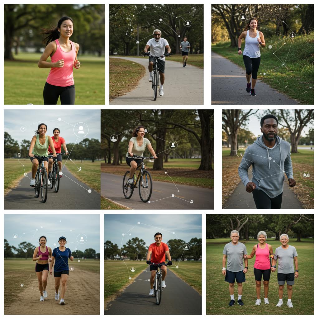 공원의 길 위에서 서로 다른 리듬이 온카스터디의 네트워크처럼 어우러지는 움직임의 장면