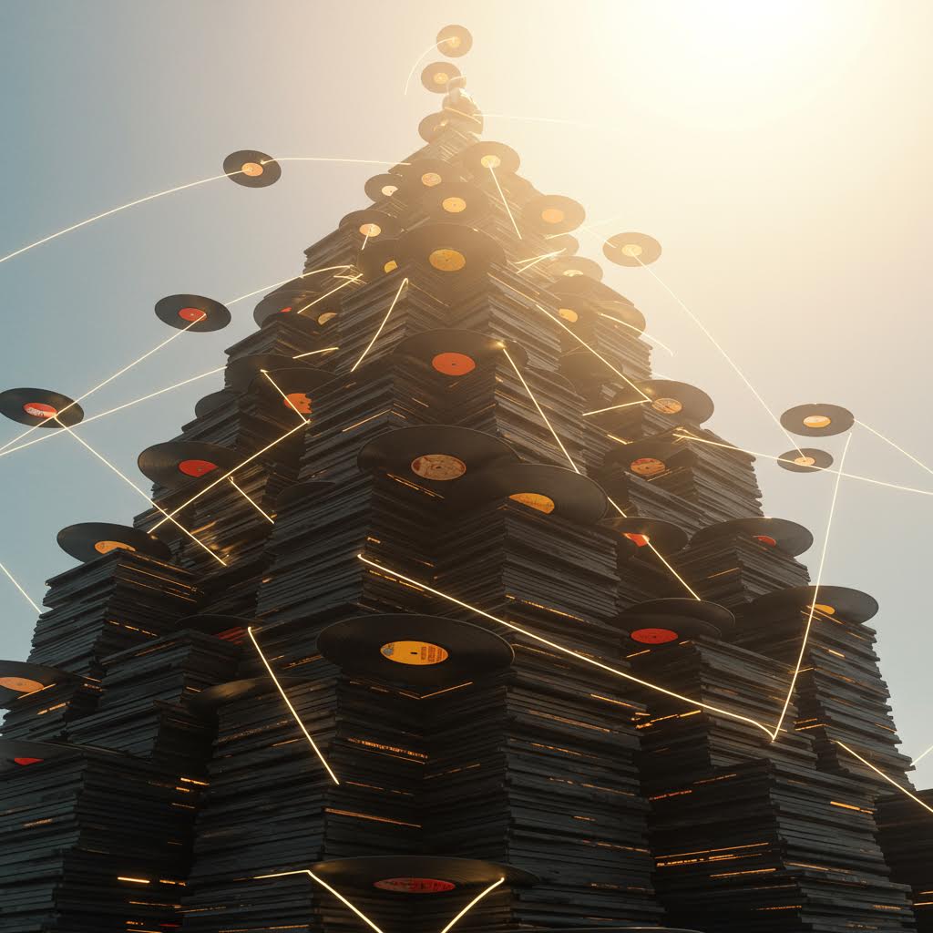 금색 선으로 연결된 색상 있는 원들이 있는 비닐 레코드 더미로 표현된 데이터 계층 및 연결성 구조