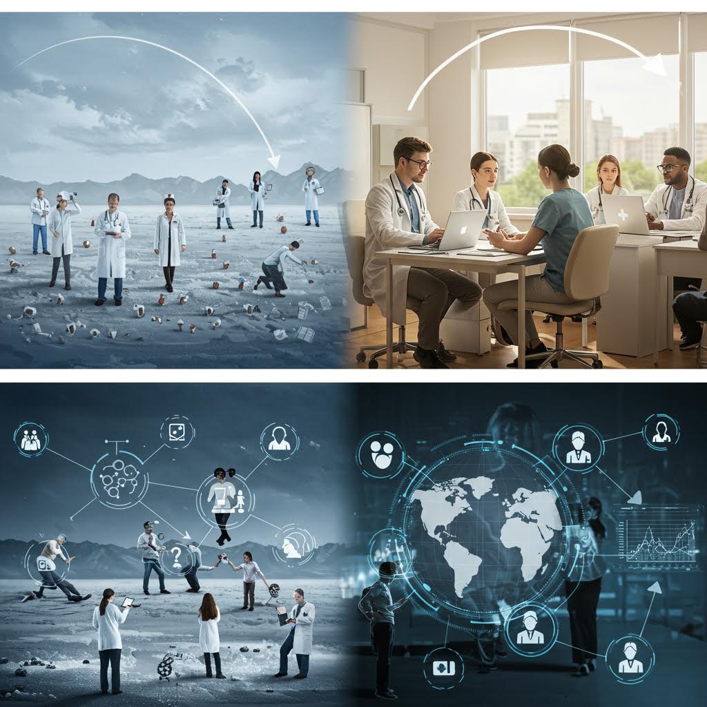 초현실적인 의료 네트워크 풍경, 회의실에서의 의료 팀 협업, 글로벌 건강 연결을 보여주는 의료 협업 및 네트워킹 콜라주
