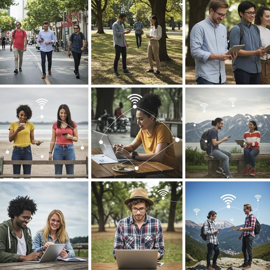야외에서 스마트폰과 노트북을 사용하는 다양한 사람들 와이파이 연결 아이콘이 있는 디지털 라이프스타일 콜라주