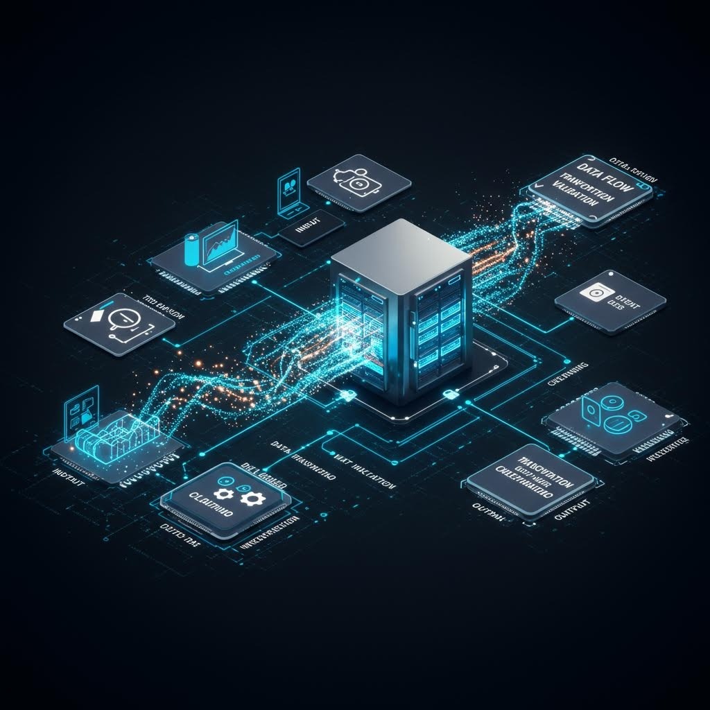 온카스터디 데이터 흐름 시스템: 중앙 서버에서 입력, 검증, 변환, 출력까지 연결된 프로세스 다이어그램.