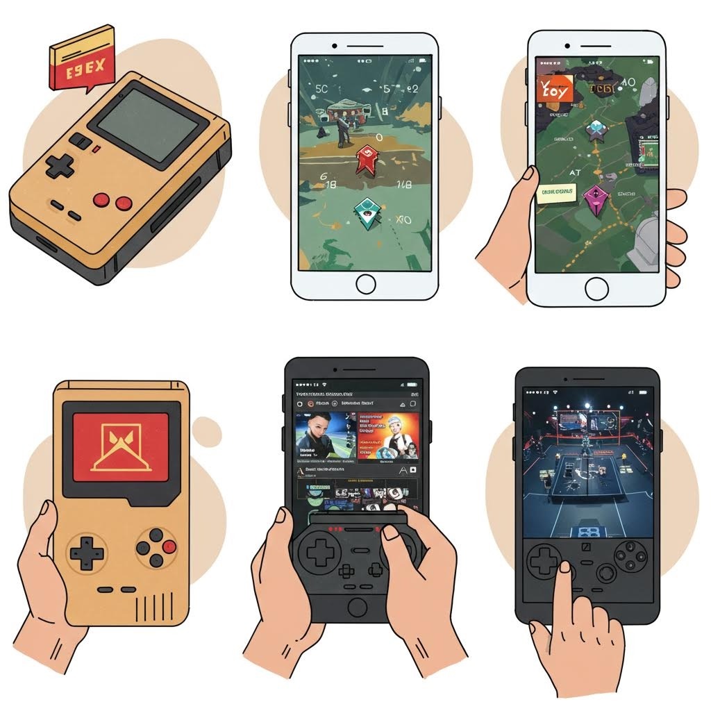 휴대용 게임기에서 스마트폰 게임까지 모바일 게임의 진화를 보여주는 일러스트 콜라주