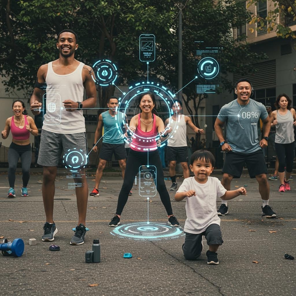 공원에서 가족·어린이 포함 8명이 웃으며 운동, 중앙 여성 주변에 심박수·칼로리·진행률이 빛나는 AR 홀로그램 HUD가 떠 있는 스마트 피트니스 장면.