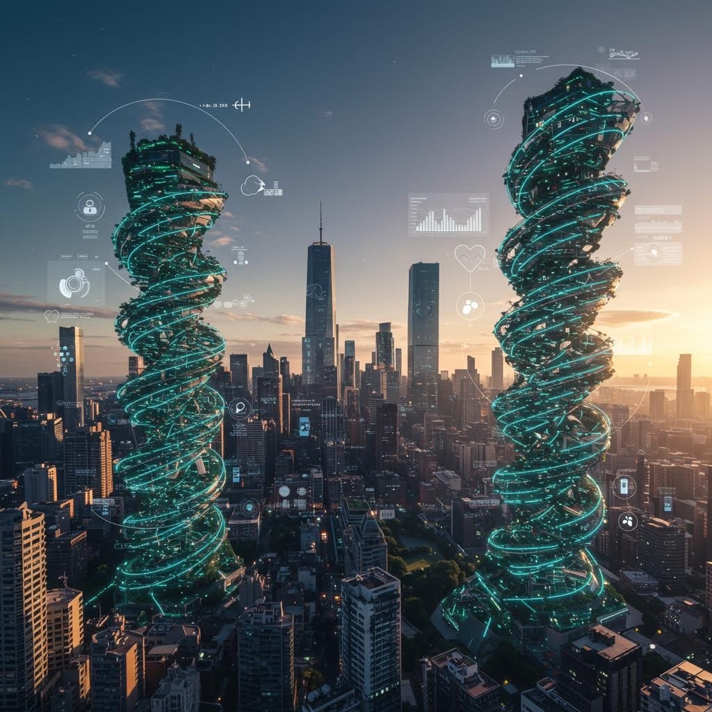 온카스터디 스마트 시티 DNA: 도시 스카이라인에 나선형 데이터 타워와 홀로그램 대시보드가 융합.