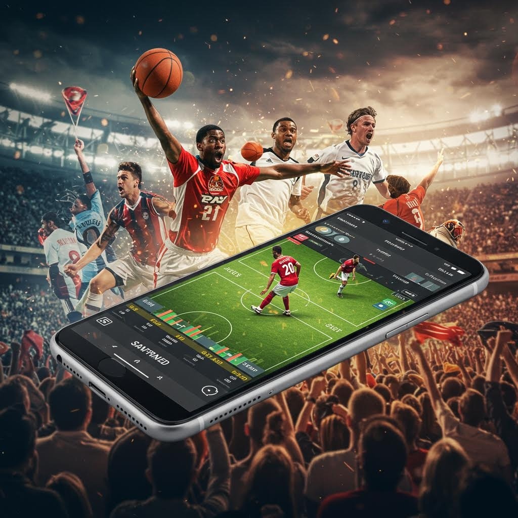농구 축구 경기 장면과 스포츠 베팅 앱 화면 실시간 온라인 스포츠 도박 개념 이미지