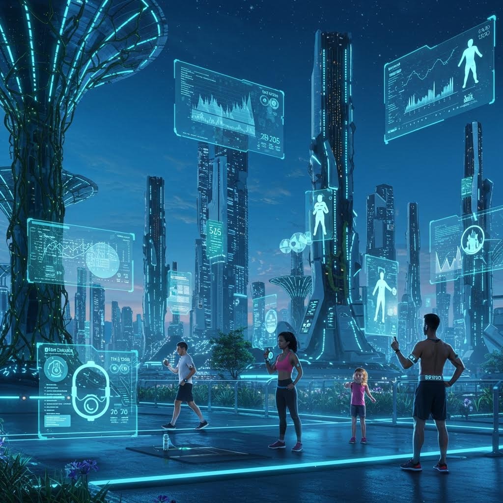 싱가포르 마리나베이 같은 미래 도시 옥상, 가족이 조깅하며 공중에 심박수·보폭·칼로리 그래프가 투영된 SF 스마트 시티 피트니스 비전.