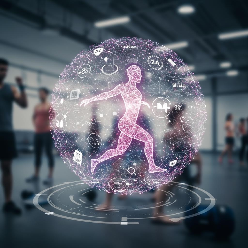 헬스장 배경에 보라색 와이어프레임 인간 모델이 공중에 떠 있고, 심박·산소·데이터 아이콘들이 구형 네트워크로 둘러싼 미래 운동 분석 이미지.