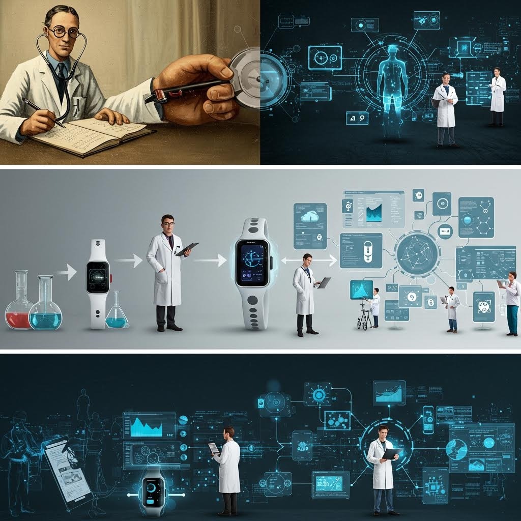 온카스터디 의료 기술 진화: 과거 의사부터 스마트워치, 홀로그램 네트워크까지 단계별 발전 과정.