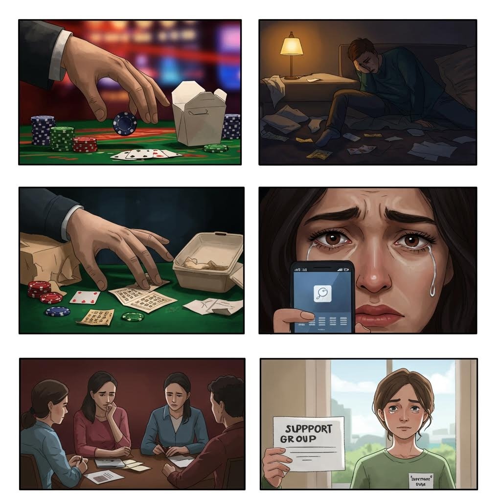도박 중독 문제와 회복 과정을 보여주는 일러스트 칩 카드 지원 그룹 상담 장면 콜라주