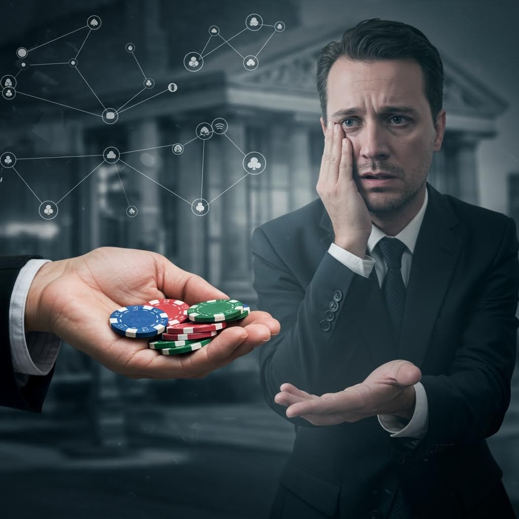 온라인 도박의 네트워크 연결성을 보여주는 정장 남성과 카지노 칩 비즈니스 개념 이미지