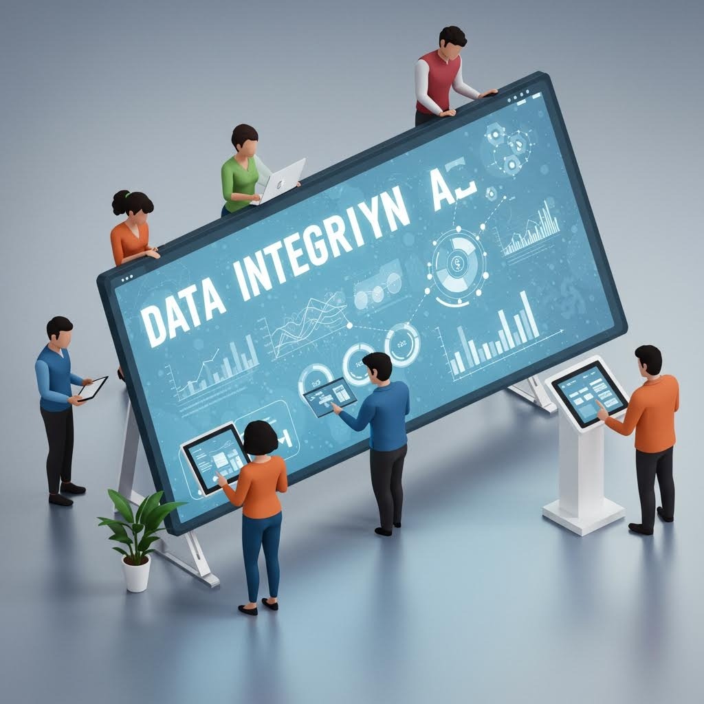 온카스터디 데이터 무결성: 팀원들이 거대한 DATA INTEGRITYN 대시보드를 협업으로 조립 중.
