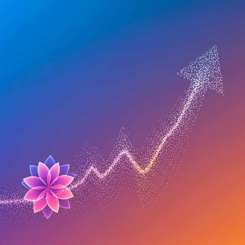 온카스터디 성장 곡선: 연꽃에서 시작해 빛나는 입자로 상승하는 화려한 화살표 그래픽.