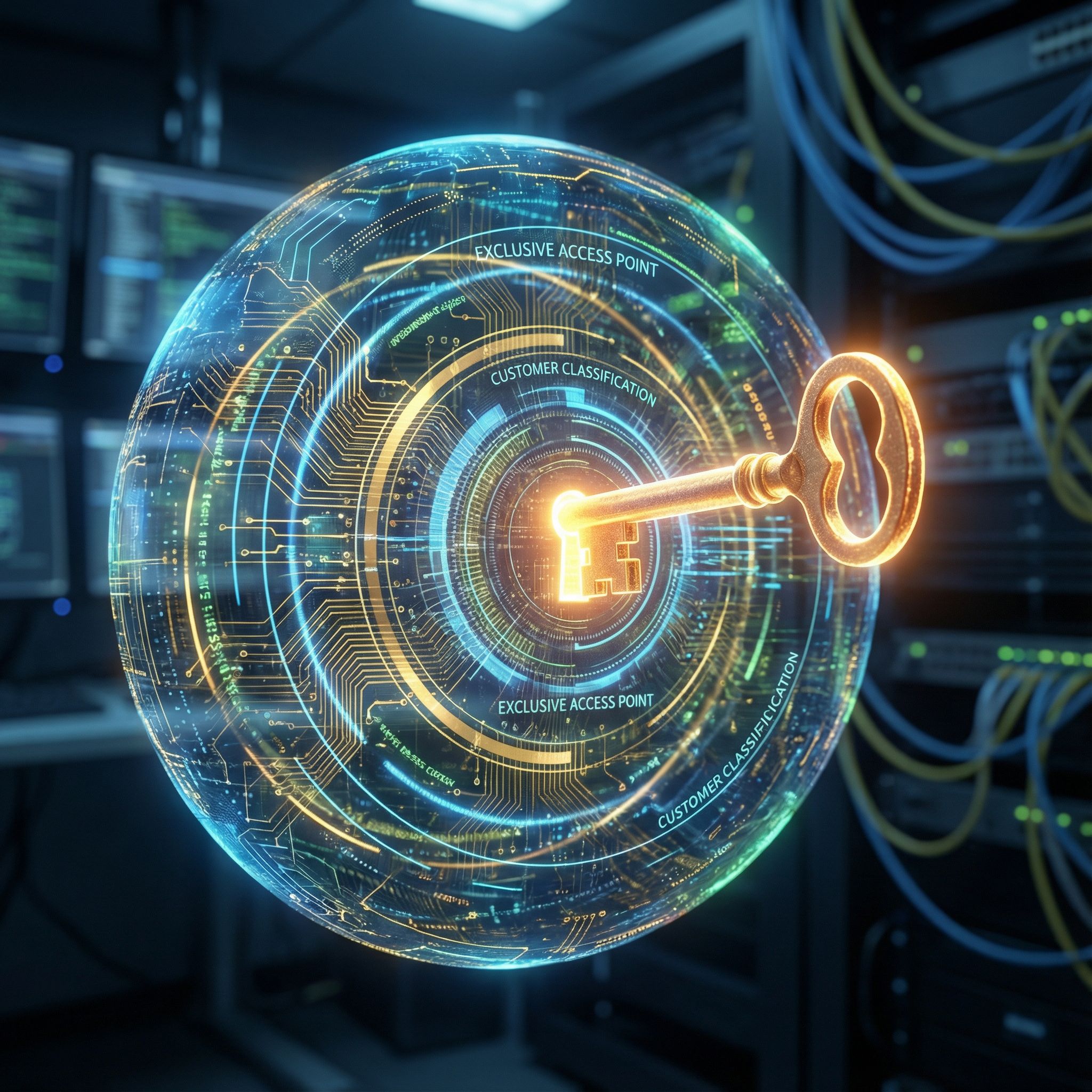 빛나는 황금색 열쇠가 복잡한 다층 디지털 데이터 구체를 열려는 모습이다.