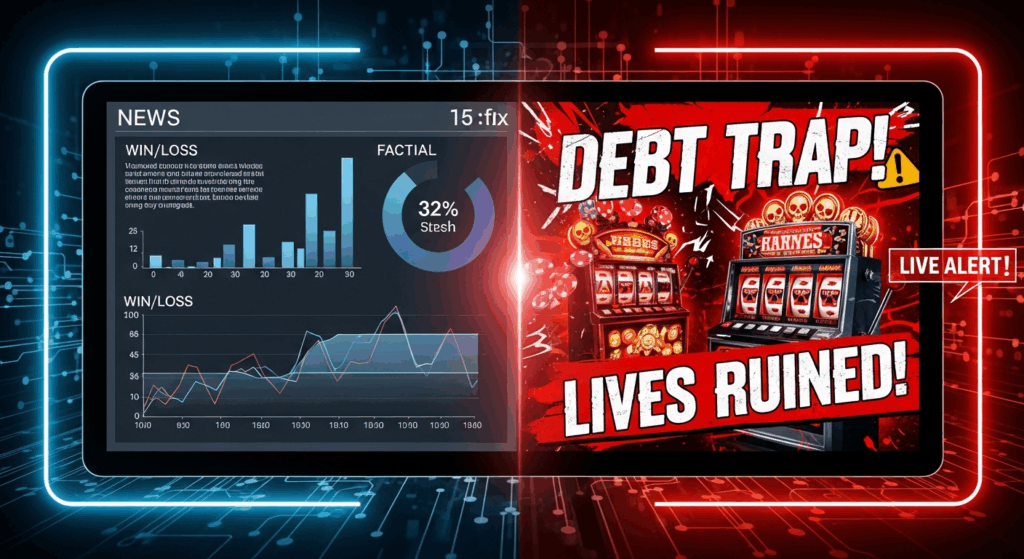 도박 손실 통계 화면과 ‘Debt Trap!’ 경고 배너가 대비된 위험 경보 시각화 그래픽