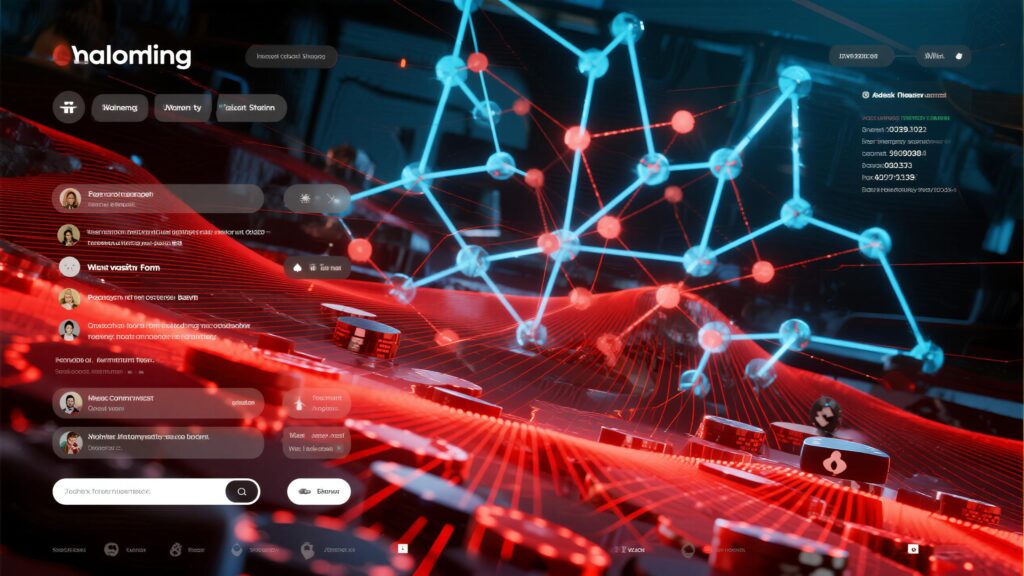 카지노 테이블 위로 데이터 연결망과 빨간 디지털 패턴이 펼쳐진 분석형 인터페이스 화면