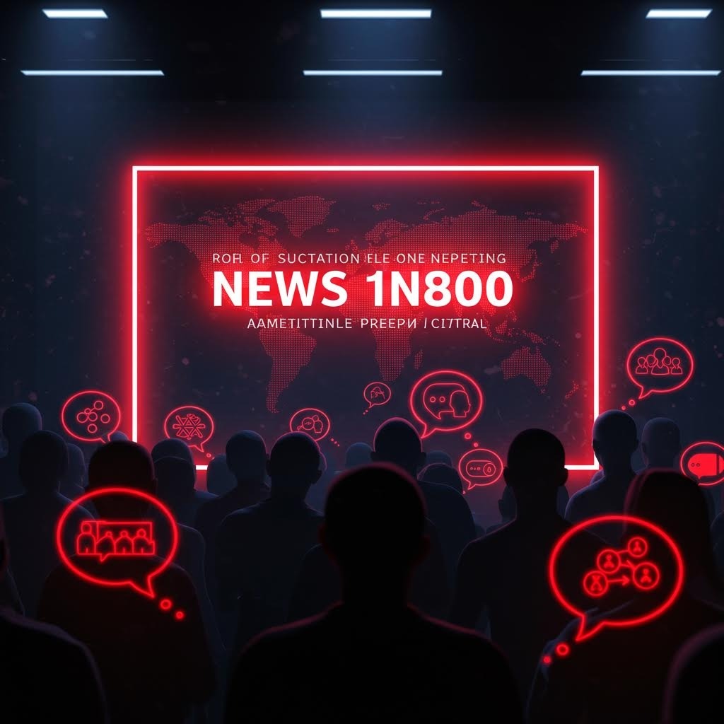 커다란 뉴스 화면 앞에 서 있는 사람들 뒤로 대화·소셜 반응 아이콘이 떠 있는 디지털 뉴스 알림 이미지