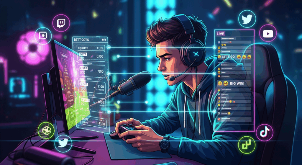 게임 스트리머가 실시간 채팅과 여러 SNS 아이콘을 연동하며 방송하는 디지털 라이브 환경