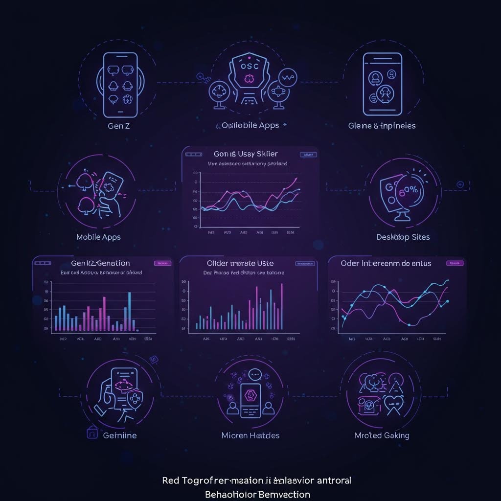 세대별 앱 사용 패턴과 그래프, 디지털 인터페이스 요소들이 정리된 사용자 행동 분석 대시보드