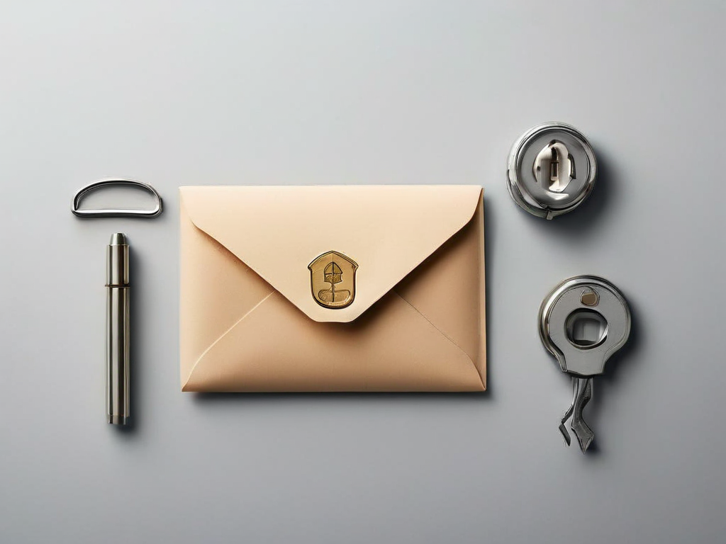 Sealed envelope with small lock beside a permission badge on a gray studio surface.