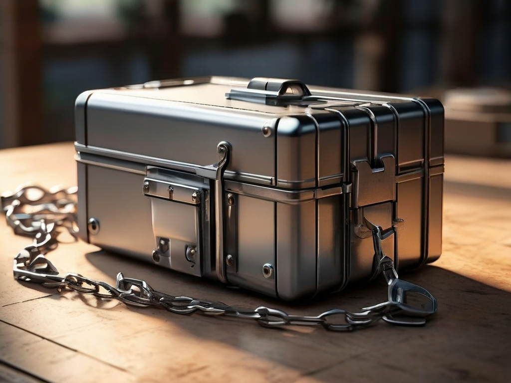 Sealed storage case with metal chain and small block icons on brushed metal surface, morning light, shallow depth of field.