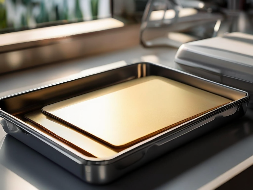 Brushed metal tray holding blank divider cards, angled morning light, shallow depth of field, organized reference metaphor.