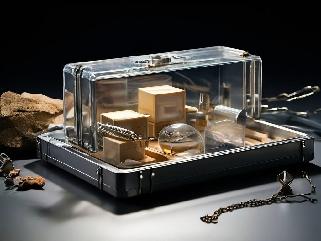Storage case with chain and location block icons on a stone counter.