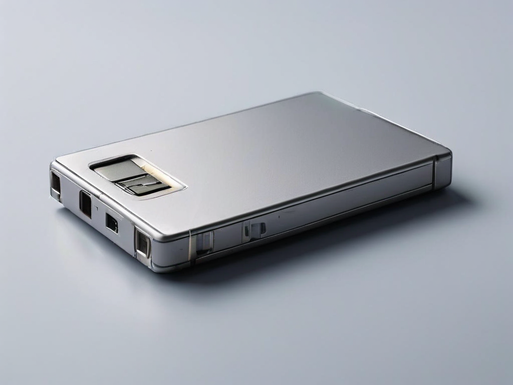 Three blank storage objects on a gray surface: a memory card, a sealed external drive, and a photo sleeve representing an...